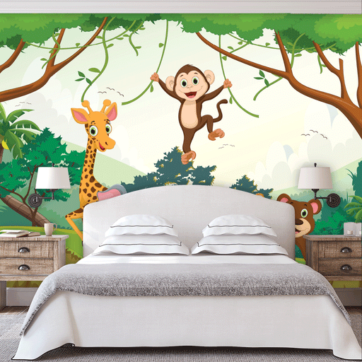 Jumping Jungle mural is great for a kids room with colorful monkey, giraffe, elephant and bear in the jungle, Custom Wallpaper Design