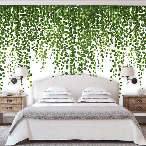 Hanging Vines mural has shades of green vines hanging on white background, Custom Wallpaper Design