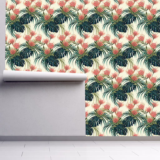 Tropical Dreamscape, tropical Pincushions flowers and greenery, Custom Wallpaper Design