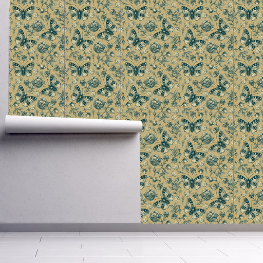 Butterfly Dreamscape, green illustrated butterflies and flowers on Khaki background, Custom Wallpaper Design