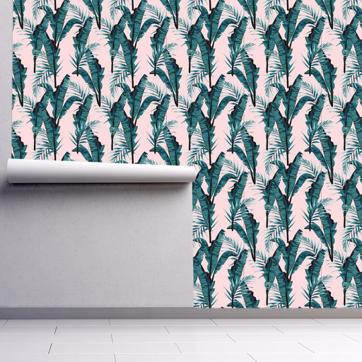 Palm Fronds and Petals in green on light pink background wallpaper, Custom Wallpaper Design