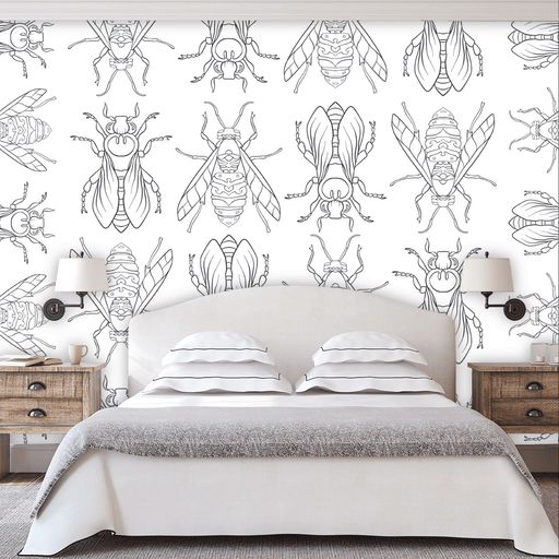 Buggy Beetles Mural  black and white illustration of large beetles, Custom Wallpaper Design