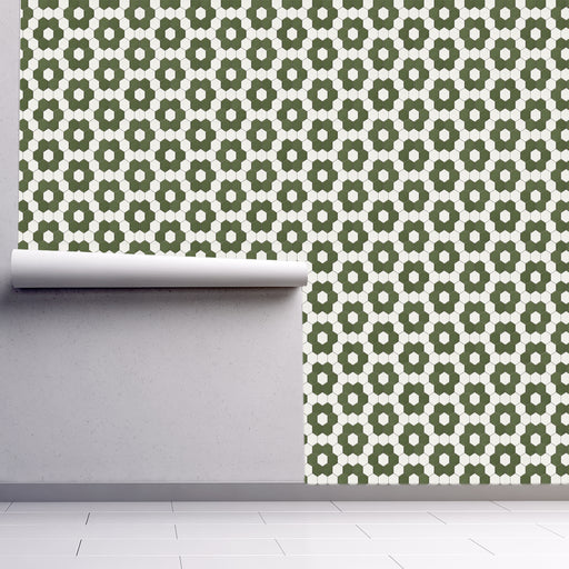 Crazed Tile Wallpaper with green and cream geometric tile, Custom Wallpaper Design