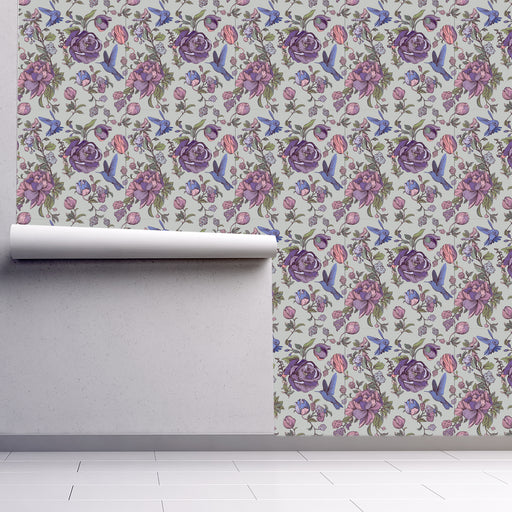 Garden Melodies (Purple), purple roses and blue hummingbirds on light green background wallpaper, Custom Wallpaper Design