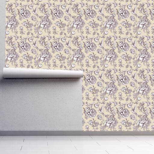 Garden Melodies (White) illustrated white roses and hummingbird on cream background wallpaper, Custom Wallpaper Design