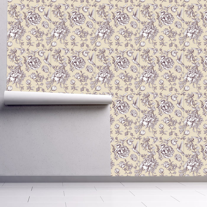 Garden Melodies (White) illustrated white roses and hummingbird on cream background wallpaper, Custom Wallpaper Design