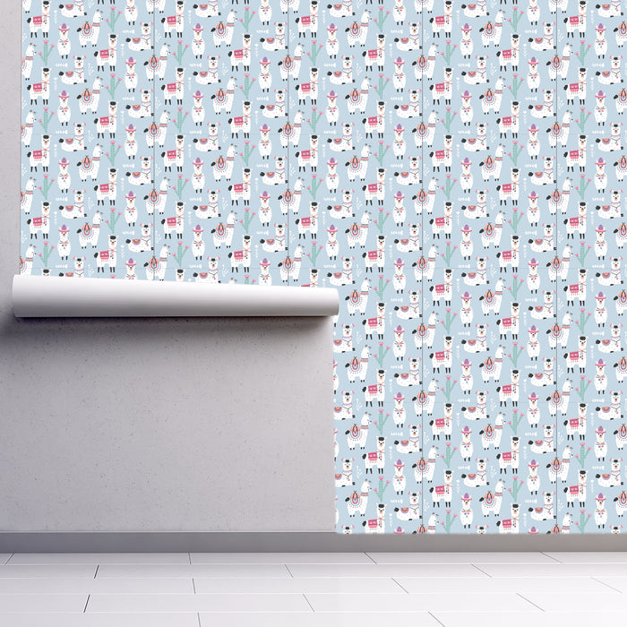 Llama Days, white llamas with Spanish flair on light blue background wallpaper, Custom Wallpaper Design