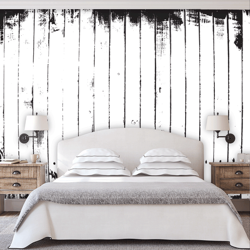 Rustic Elegance Mural with black and white grunge wall planks, Custom Wallpaper Design