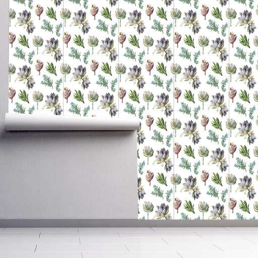 Succulent Serenity, green succulents on white background wallpaper, Custom Wallpaper Design