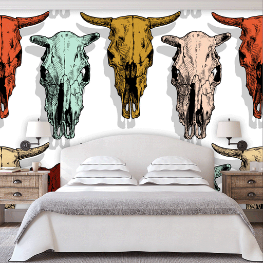 In the Country mural with cow skull heads in red, turquoise, gold and tan on white background, Custom Wallpaper Design