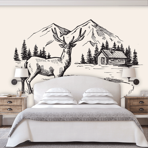 Rural Landscape Mural of a buck in front of a mountain cabin in black and white drawing, Custom Wallpaper Design