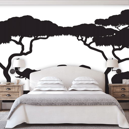 Safari Expedition mural with elephants and safari trees illustrated on white background, Custom Wallpaper Design