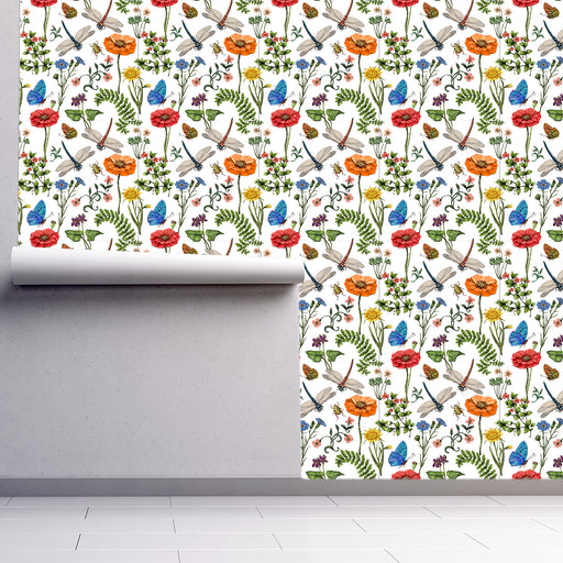 Garden of Flowers, Orange and Red Poppy Flowers with Butterflies and Dragonflies, Custom Wallpaper Design