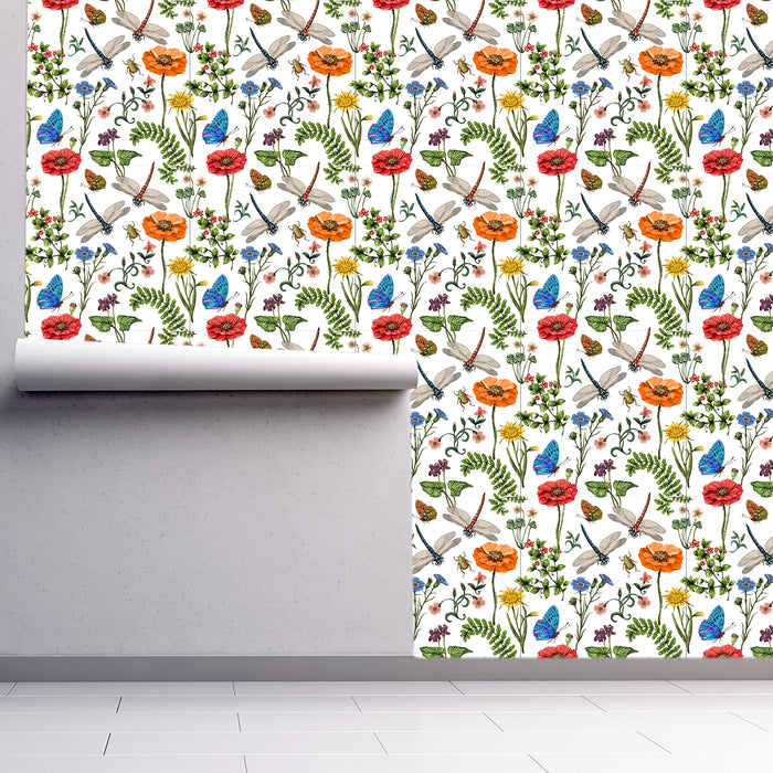 Garden of Flowers, Orange and Red Poppy Flowers with Butterflies and Dragonflies, Custom Wallpaper Design