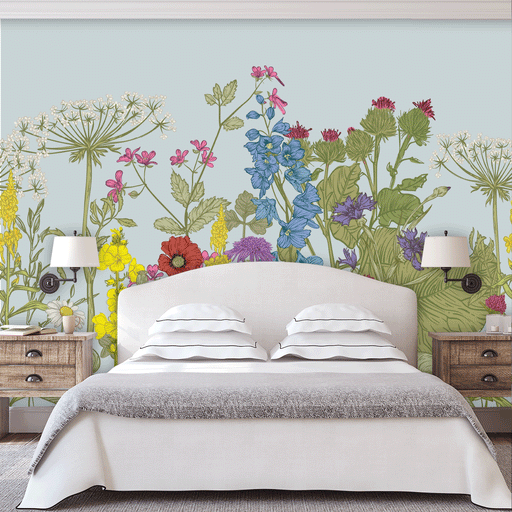 Floral Symphony mural with colorful illustrated wild flowers on light blue background, Custom Wallpaper Design