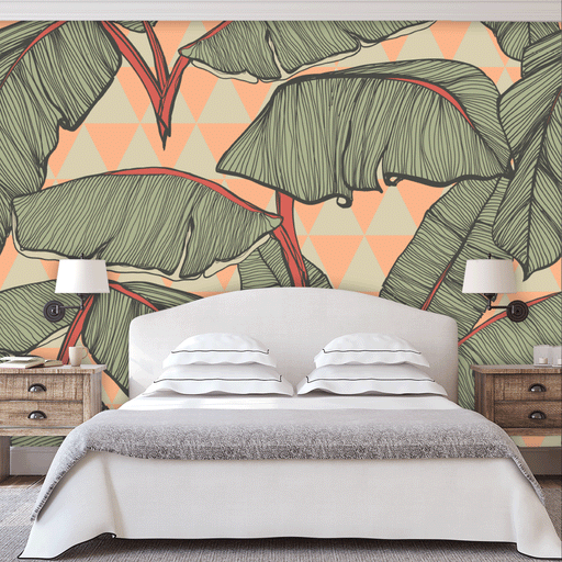 Coastal Cabana mural with large illustrated tropical green leaves on triangle geometric sage and peach background, Custom Wallpaper Design
