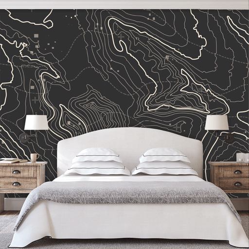 Geometry of Grace mural has topographical white lines on black background, Custom Wallpaper Design