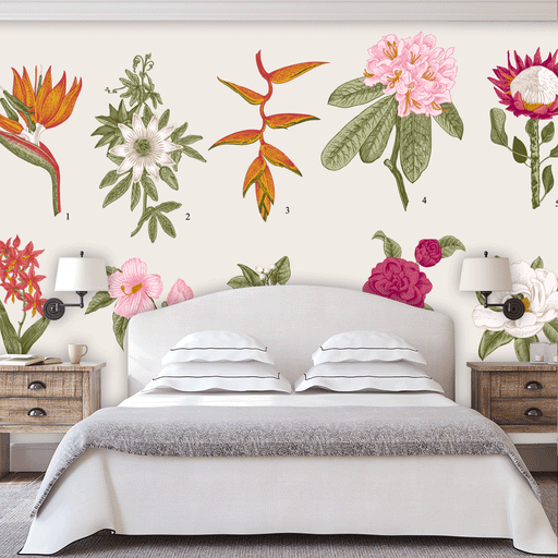Floral Fantasy mural has 10 colorful large flowers on white background, Custom Wallpaper Design