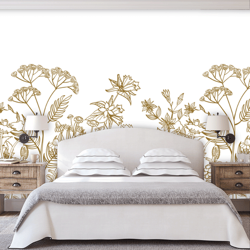 Meadow Magic mural has outlined gold illustrated wild flowers on white background, Custom Wallpaper Design
