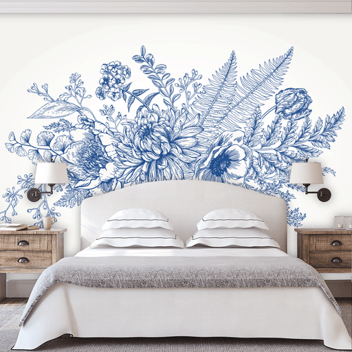 Natures Canvas mural is a blue drawing of spray bouquet of flowers on white background, Custom Wallpaper Design