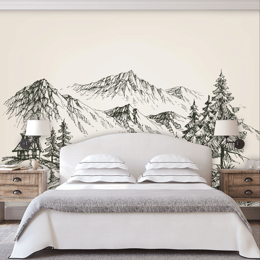 Rocky Horizon mural is a drawing of cabin on a mountain top on white background, Custom Wallpaper Design