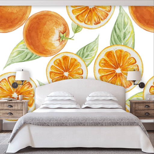 Optimistic Orange mural of  illustrated oranges whole and sliced on a white background, Custom Wallpaper Design