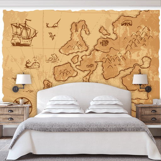 Old Oceanic Map Mural has a map of the ocean and land  on parchment paper design, Custom Wallpaper Design
