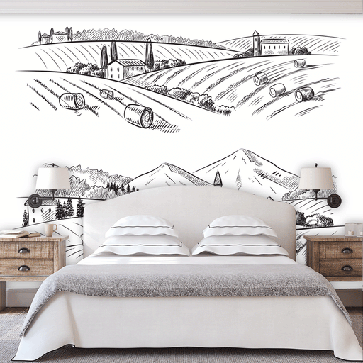 FarmScape mural is a drawing of rolling hills farm tucked in the valley, Custom Wallpaper Design