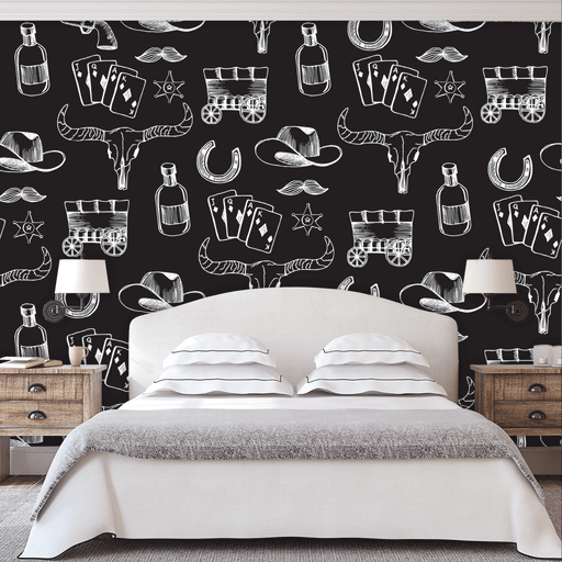 Lucky Horse Shoe Mural with wagon train, steer heads, horse shoes ad cowboy hats illustrated white on black background, Custom Wallpaper Design