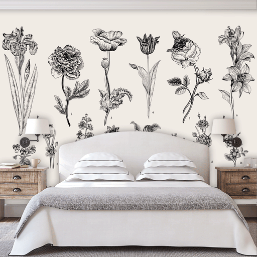 Beauty Blooms mural of large black illustrated flowers in 2 rows on white background, Custom Wallpaper Design