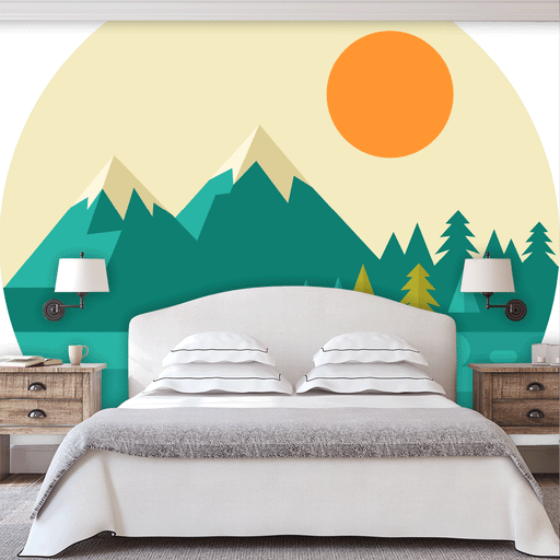 Summit Serenity mural is a bold illustration of green mountains at sunset, Custom Wallpaper Design
