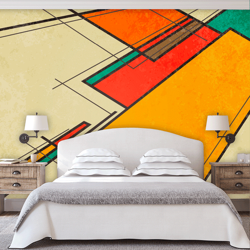 Abstract Shapes Mural with vibrant yellow, red and green diagonal rectangles, Custom Wallpaper Design