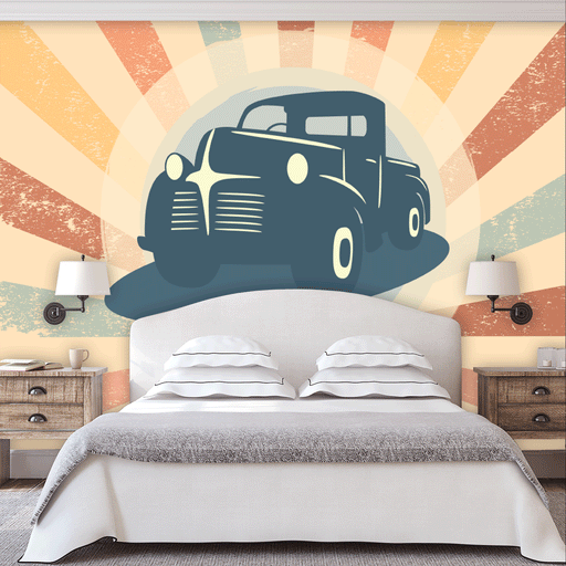 Old Classic mural of grunge sun beams with illustrated old truck in the center, Custom Wallpaper Design