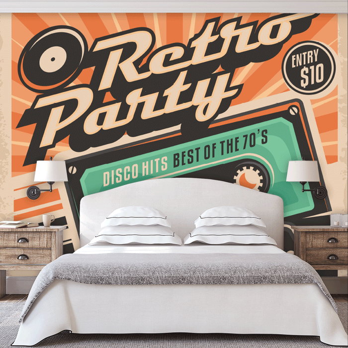 Retro Party Cassette mural with 70's disco hits on cassette and orange ray background, Custom Wallpaper Design