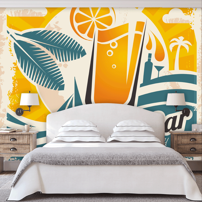 Sipping Sunshine mural is a tropical illustration of island life, Custom Wallpaper Design