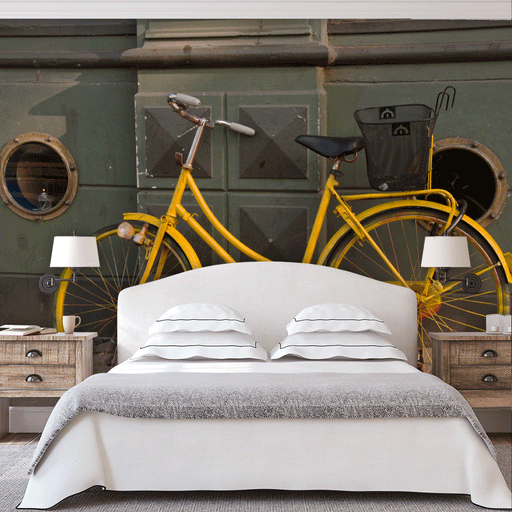 Yellow Bike mural, old yellow bike against olive green cement wall, Custom Wallpaper Design