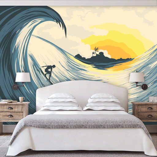 Sunset Surfing mural illustrated of surfer on an ocean wave with island in the background, Custom Wallpaper Design