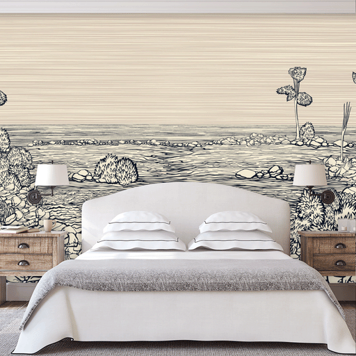 Rocky Beach mural of black beach illustration on cream background, Custom Wallpaper Design