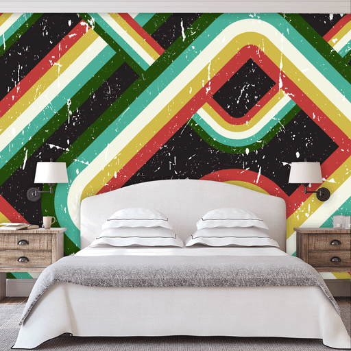 70's Squared Shapes mural with retro green and gold lines on black grunge background, Custom Wallpaper Design