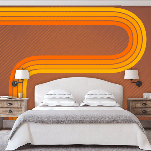 Retro Stripe (yellow and orange) Mural is illustrated yellow to orange lines that curve the light brown wall, Custom Wallpaper Design