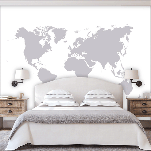 World Map mural is a gray illustrated world map on white, Custom Wallpaper Design
