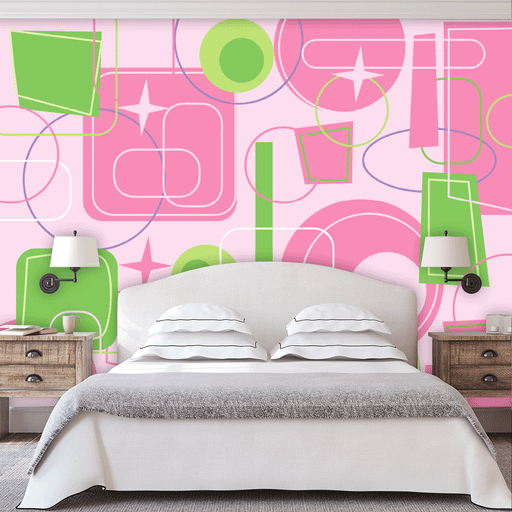 70's shapes (pink and lime green) mural with pink and lime green geometric shapes, Custom Wallpaper Design