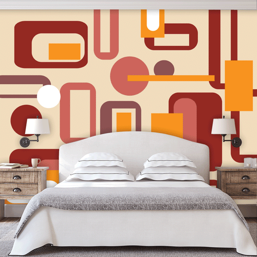 Complex Boxes mural of retro orange and red shapes on cream background, Custom Wallpaper Design